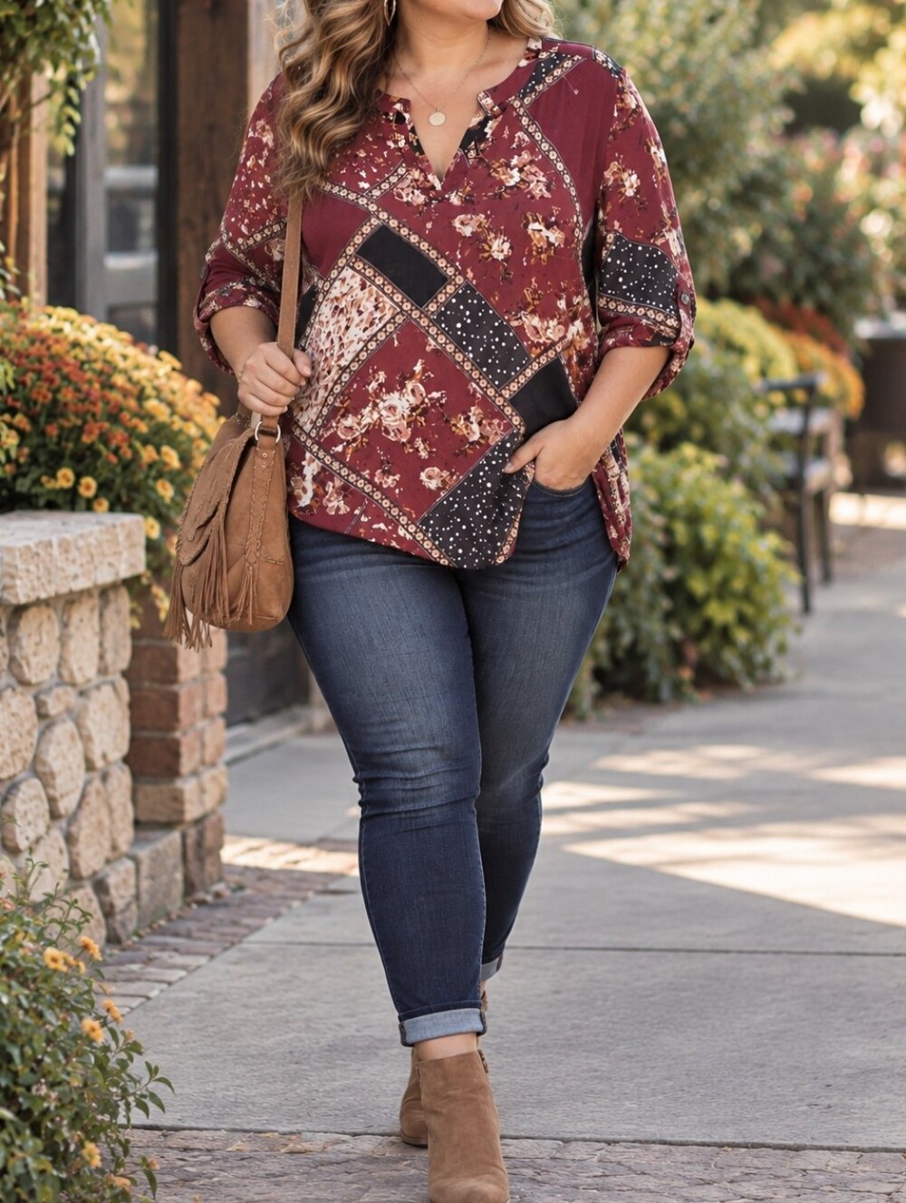 Maurices Plus Size Burgundy Patchwork Floral Boho Tunic Casual Blouse
